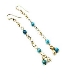 Alexa Martha Designs Earrings 14 KT Gold Filled Wire Wrapped Long Turquoise Pearl Dangle Earrings