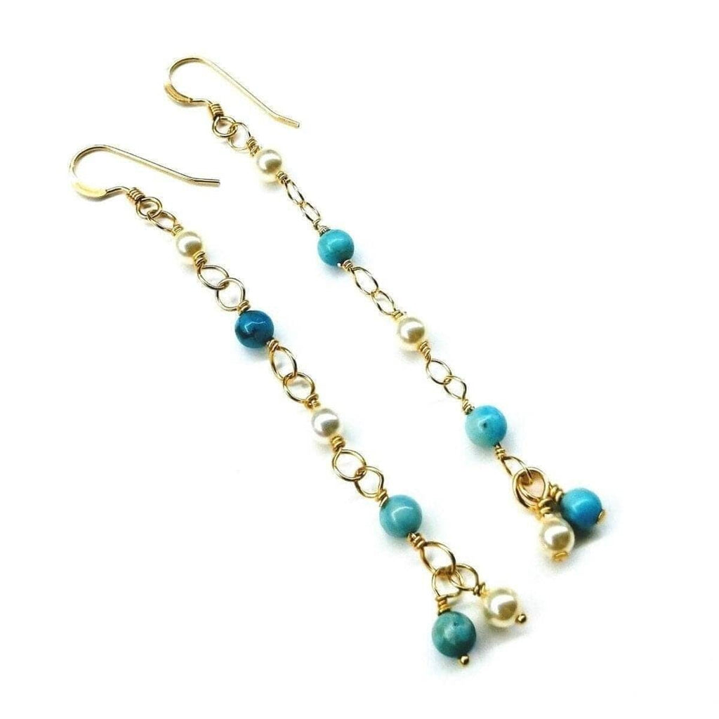 Alexa Martha Designs Earrings 14 KT Gold Filled Wire Wrapped Long Turquoise Pearl Dangle Earrings