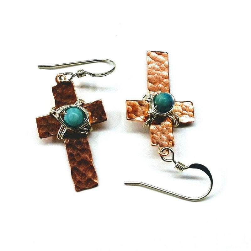 Alexa Martha Designs Earrings Alexa Martha Designs Hammered Copper Cross Earrings with Turquoise Beads