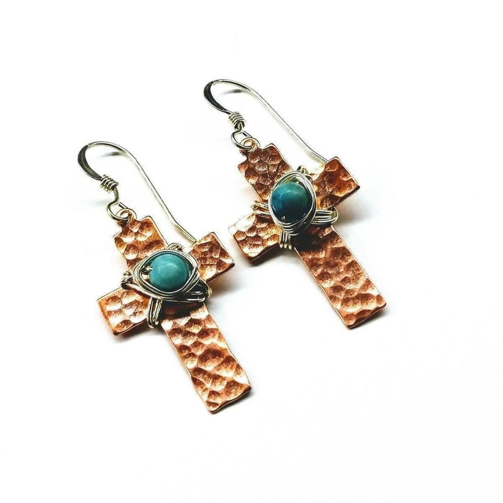 Alexa Martha Designs Earrings Alexa Martha Designs Hammered Copper Cross Earrings with Turquoise Beads