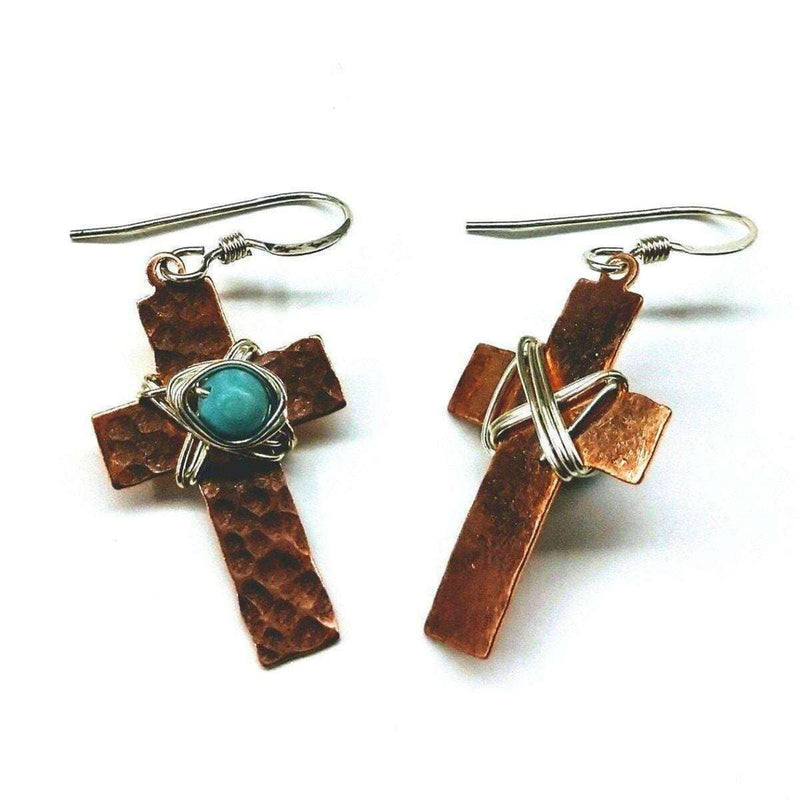 Alexa Martha Designs Earrings Alexa Martha Designs Hammered Copper Cross Earrings with Turquoise Beads