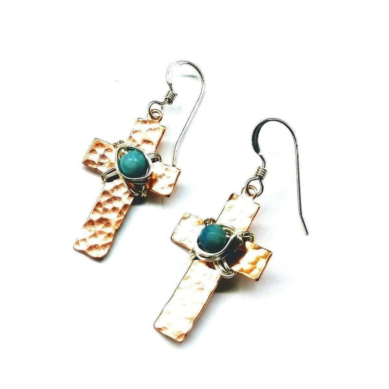 Alexa Martha Designs Earrings Alexa Martha Designs Hammered Copper Cross Earrings with Turquoise Beads