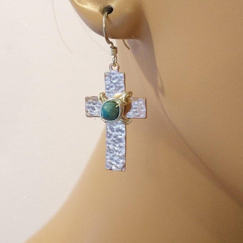 Alexa Martha Designs Earrings Alexa Martha Designs Hammered Copper Cross Earrings with Turquoise Beads