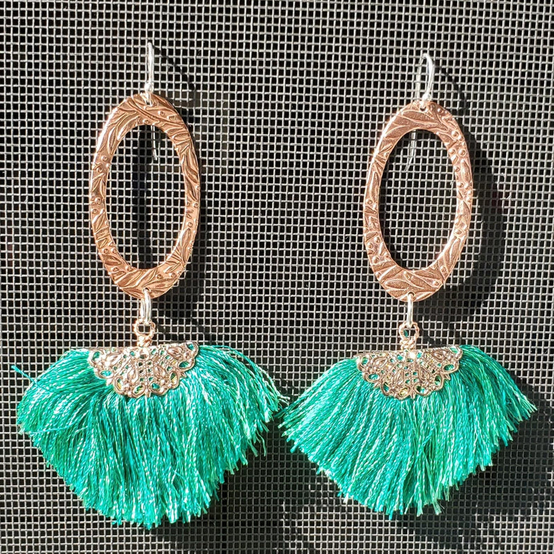 Alexa Martha Designs Earrings Alexa Martha Designs Handmade Rayon Silk Filigree Silk Fan Tassel Earrings