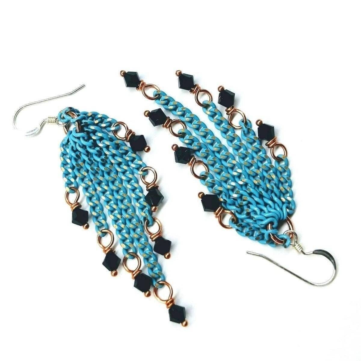 Alexa Martha Designs Earrings Alexa Martha Designs Turquoise Tassel Chain Black Crystal Earrings