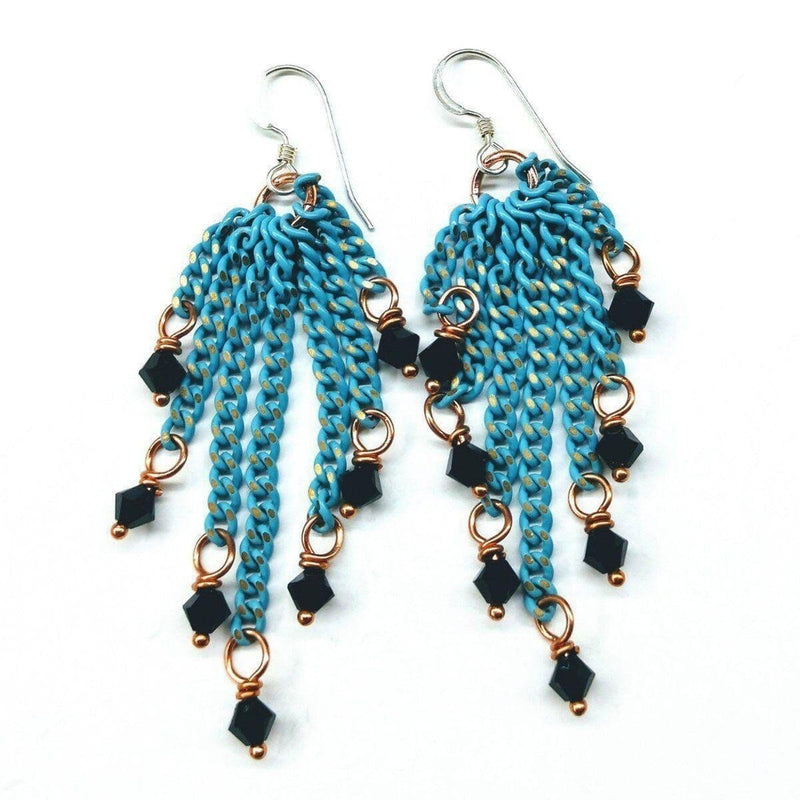 Alexa Martha Designs Earrings Alexa Martha Designs Turquoise Tassel Chain Black Crystal Earrings