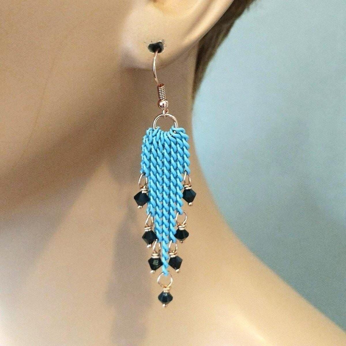 Alexa Martha Designs Earrings Alexa Martha Designs Turquoise Tassel Chain Black Crystal Earrings