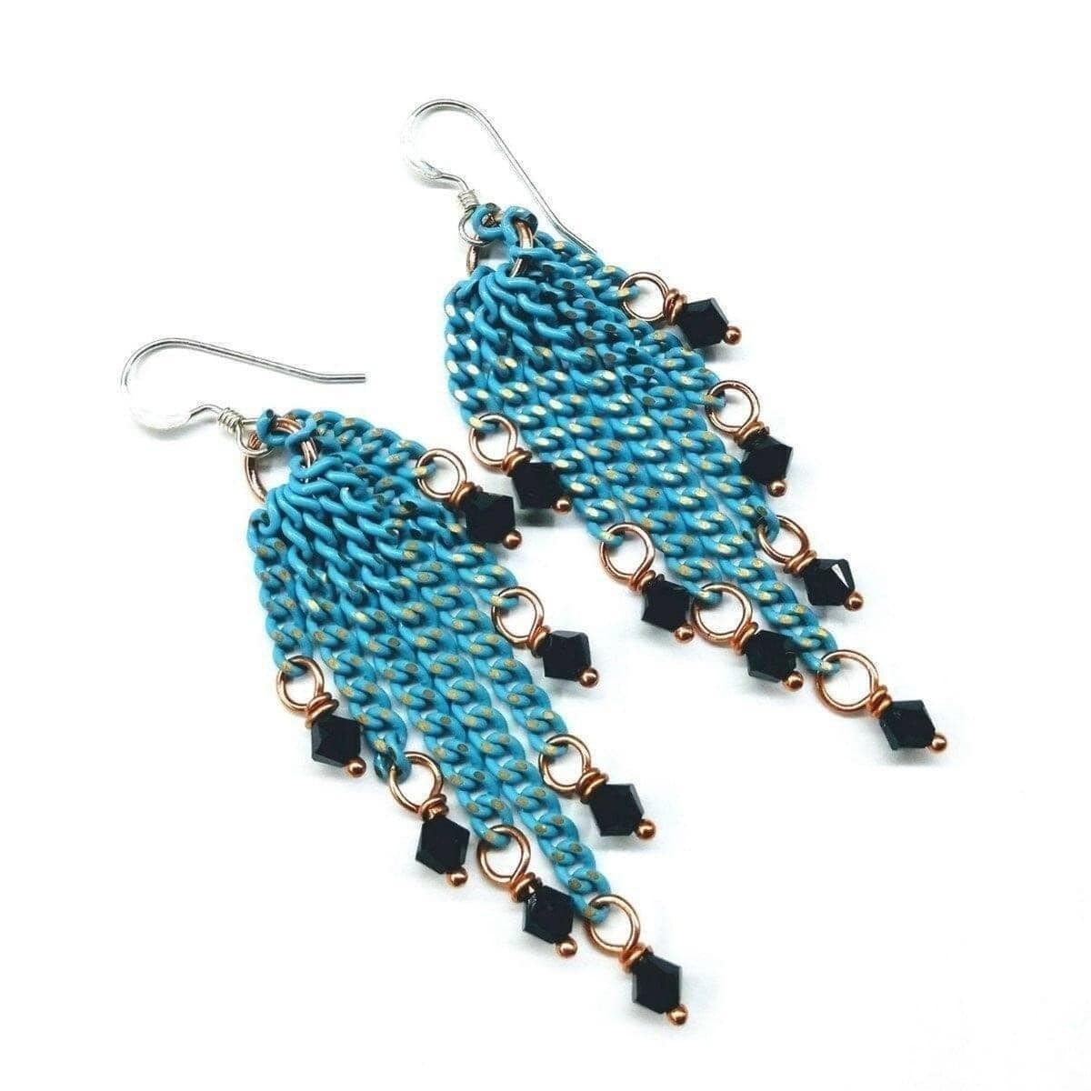 Alexa Martha Designs Earrings Alexa Martha Designs Turquoise Tassel Chain Black Crystal Earrings
