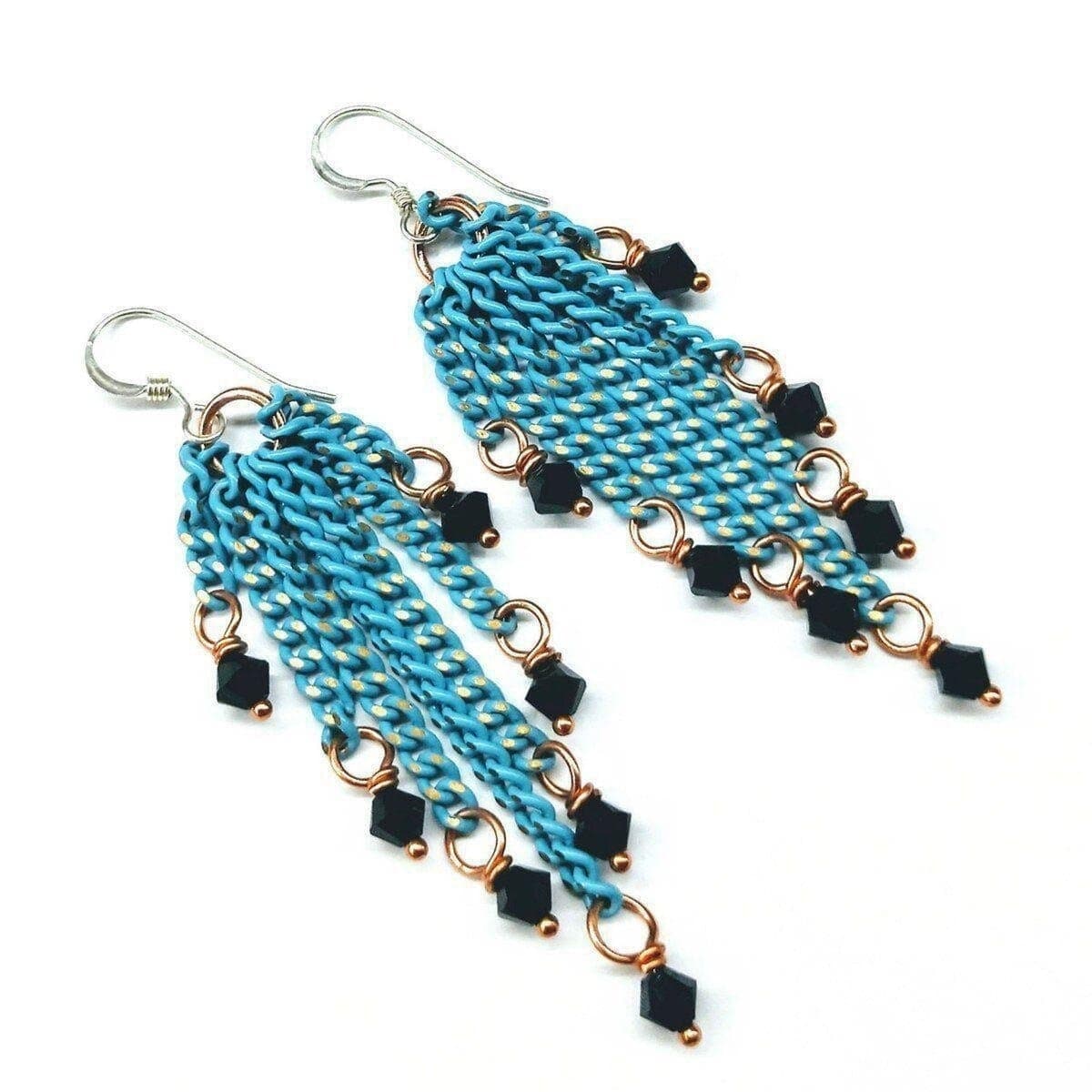 Alexa Martha Designs Earrings Alexa Martha Designs Turquoise Tassel Chain Black Crystal Earrings