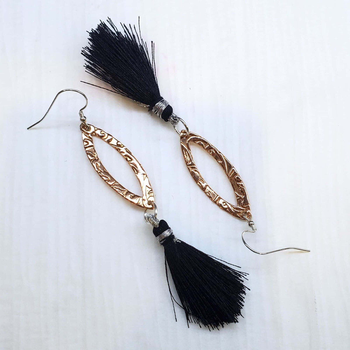 Alexa Martha Designs Earrings Black Long Copper Embossed Filigree Silk Tassel Earrings