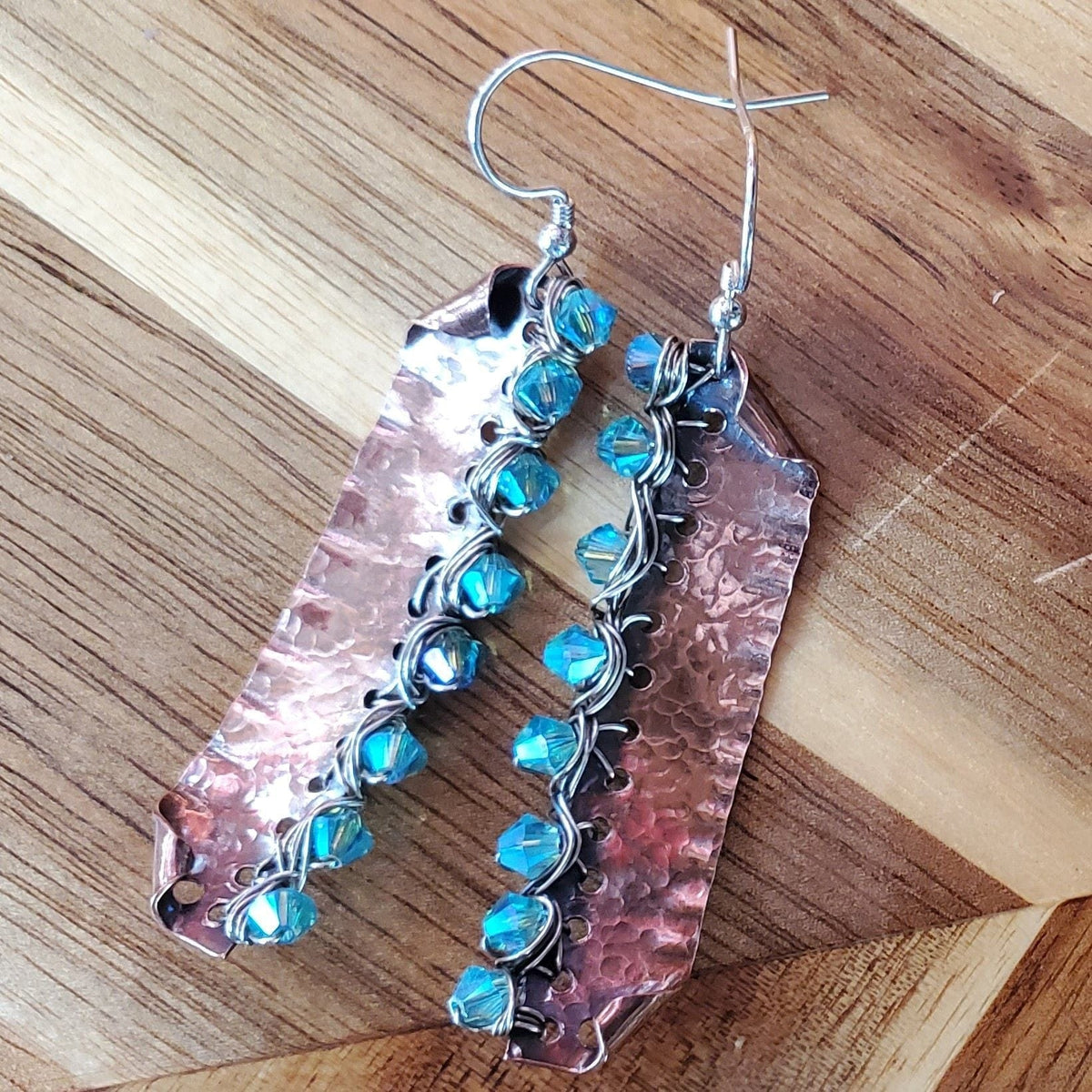 Alexa Martha Designs Earrings Blue Green Hammered Copper Bar  Crystal Earrings
