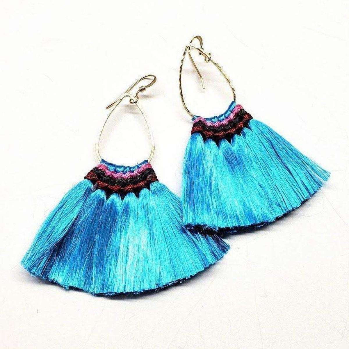 Alexa Martha Designs Earrings Bright Aquamarine Colored Hawaii Hula Skirt Rayon Silk Fan Tassel Hoop Earrings