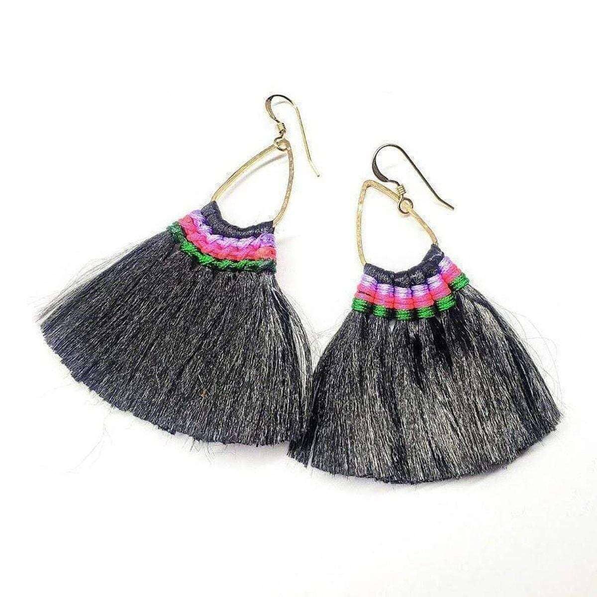 Alexa Martha Designs Earrings Bright Black Colored Hawaii Hula Skirt Rayon Silk Fan Tassel Hoop Earrings