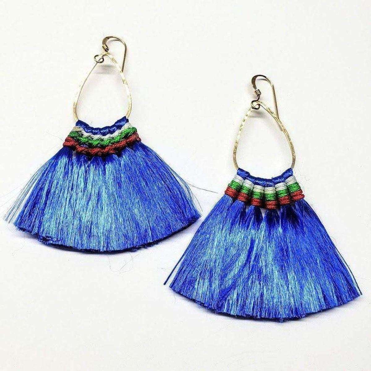 Alexa Martha Designs Earrings Bright Blue Colored Hawaii Hula Skirt Rayon Silk Fan Tassel Hoop Earrings
