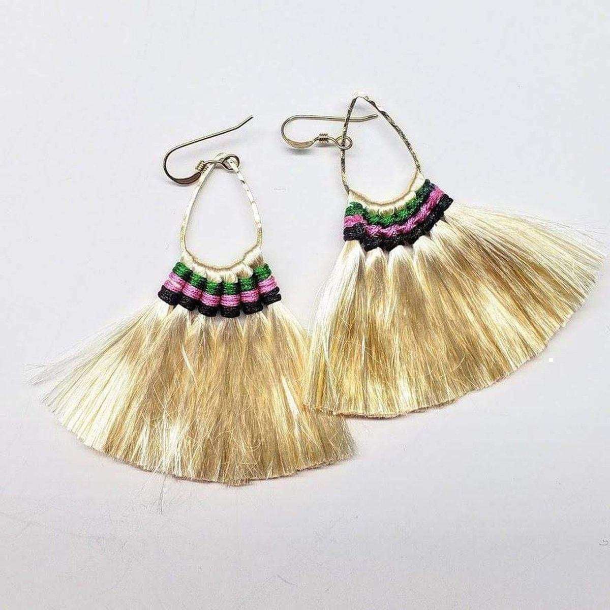 Alexa Martha Designs Earrings Bright Cream Colored Hawaii Hula Skirt Rayon Silk Fan Tassel Hoop Earrings