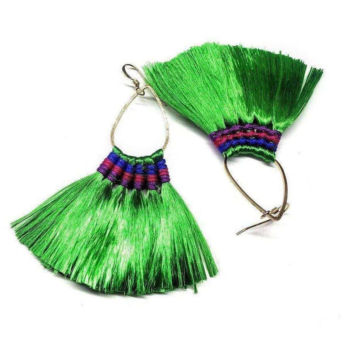 Alexa Martha Designs Earrings Bright Green Colored Hawaii Hula Skirt Rayon Silk Fan Tassel Hoop Earrings