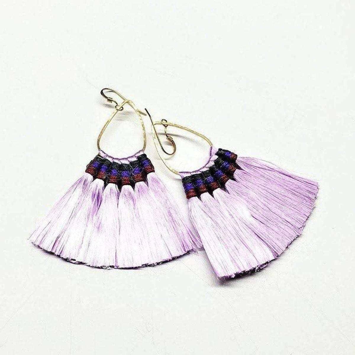 Alexa Martha Designs Earrings Bright Lavender Colored Hawaii Hula Skirt Rayon Silk Fan Tassel Hoop Earrings