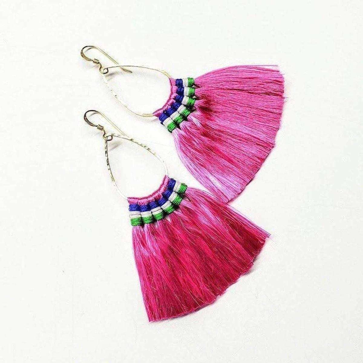Alexa Martha Designs Earrings Bright Pink Colored Hawaii Hula Skirt Rayon Silk Fan Tassel Hoop Earrings