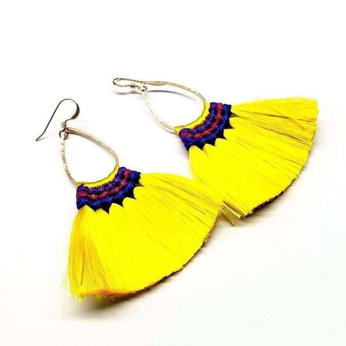 Alexa Martha Designs Earrings Bright Yellow Colored Hawaii Hula Skirt Rayon Silk Fan Tassel Hoop Earrings