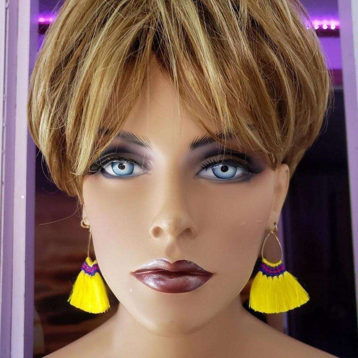 Alexa Martha Designs Earrings Colored Hawaii Hula Skirt Rayon Silk Fan Tassel Hoop Earrings