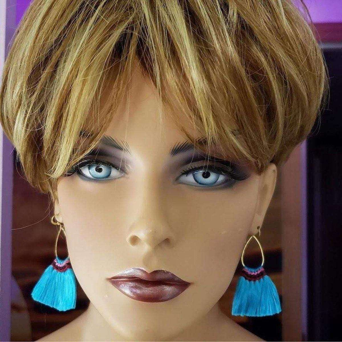 Alexa Martha Designs Earrings Colored Hawaii Hula Skirt Rayon Silk Fan Tassel Hoop Earrings
