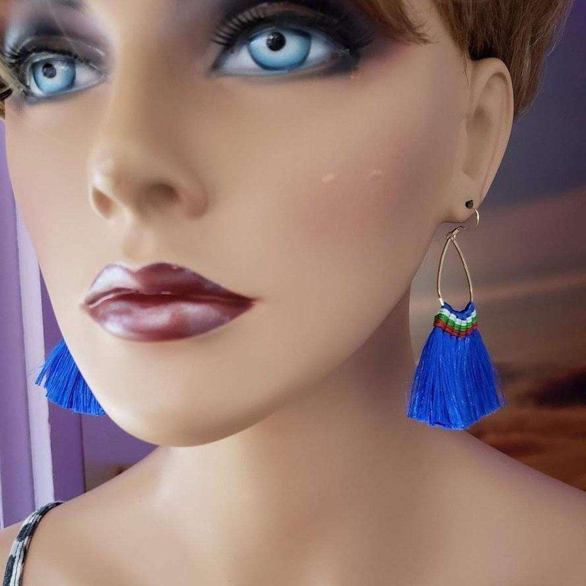 Alexa Martha Designs Earrings Colored Hawaii Hula Skirt Rayon Silk Fan Tassel Hoop Earrings