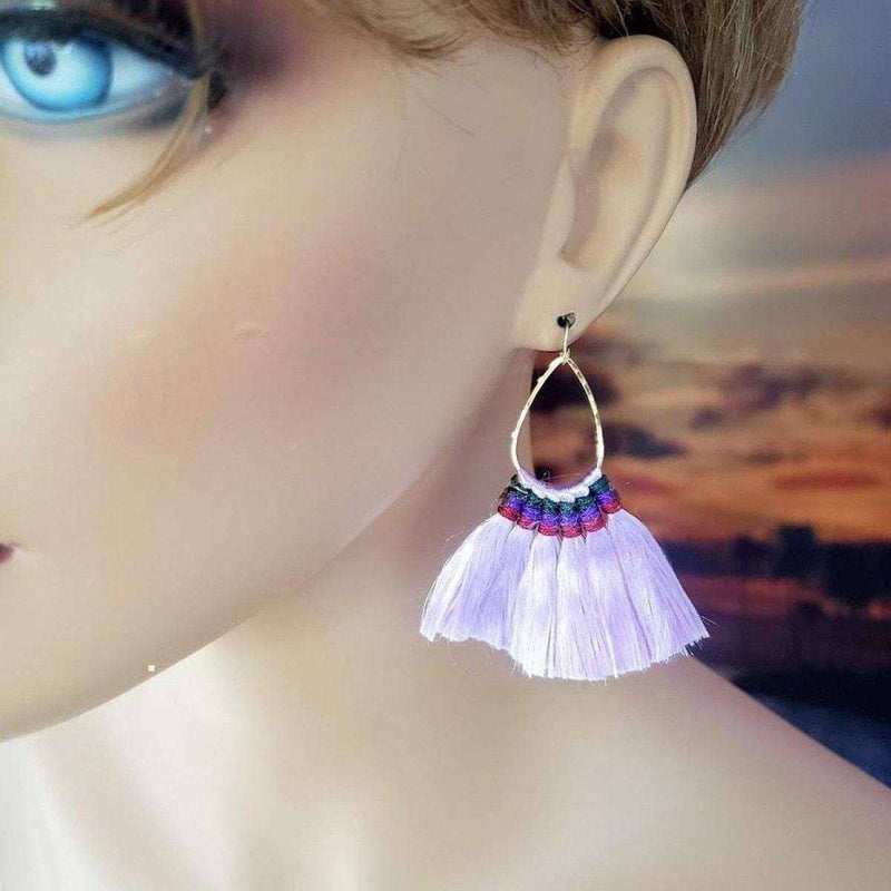 Alexa Martha Designs Earrings Colored Hawaii Hula Skirt Rayon Silk Fan Tassel Hoop Earrings