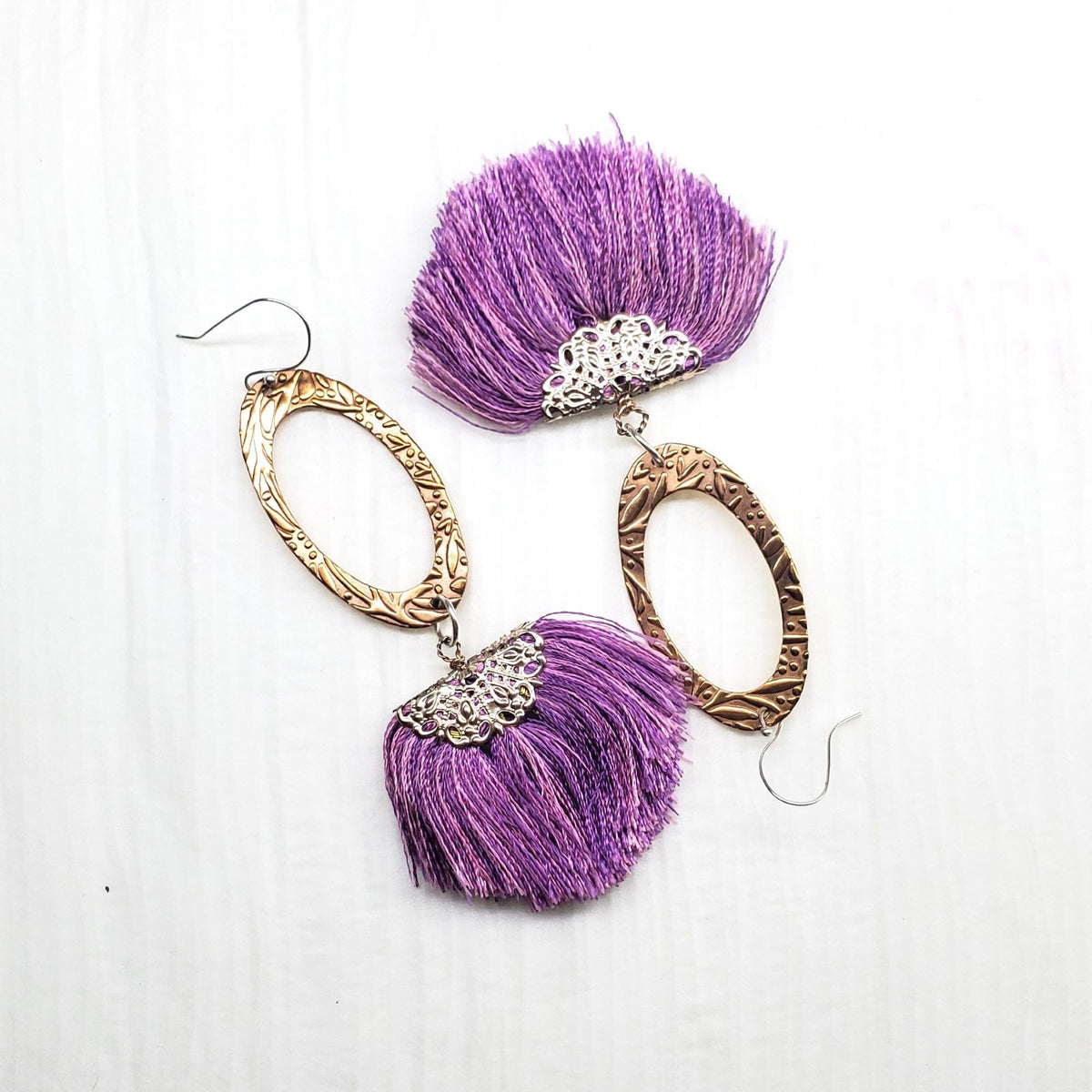 Alexa Martha Designs Earrings Copper Embossed Rose Gold Filled  Filigree Silk Fan Tassel Earrings