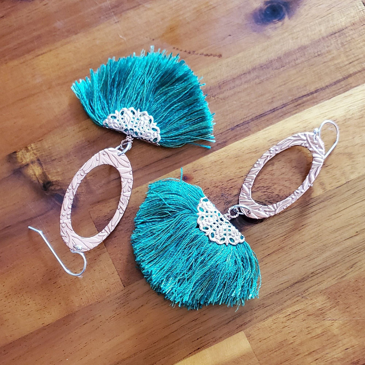 Alexa Martha Designs Earrings Copper Embossed Rose Gold Filled  Filigree Silk Fan Tassel Earrings