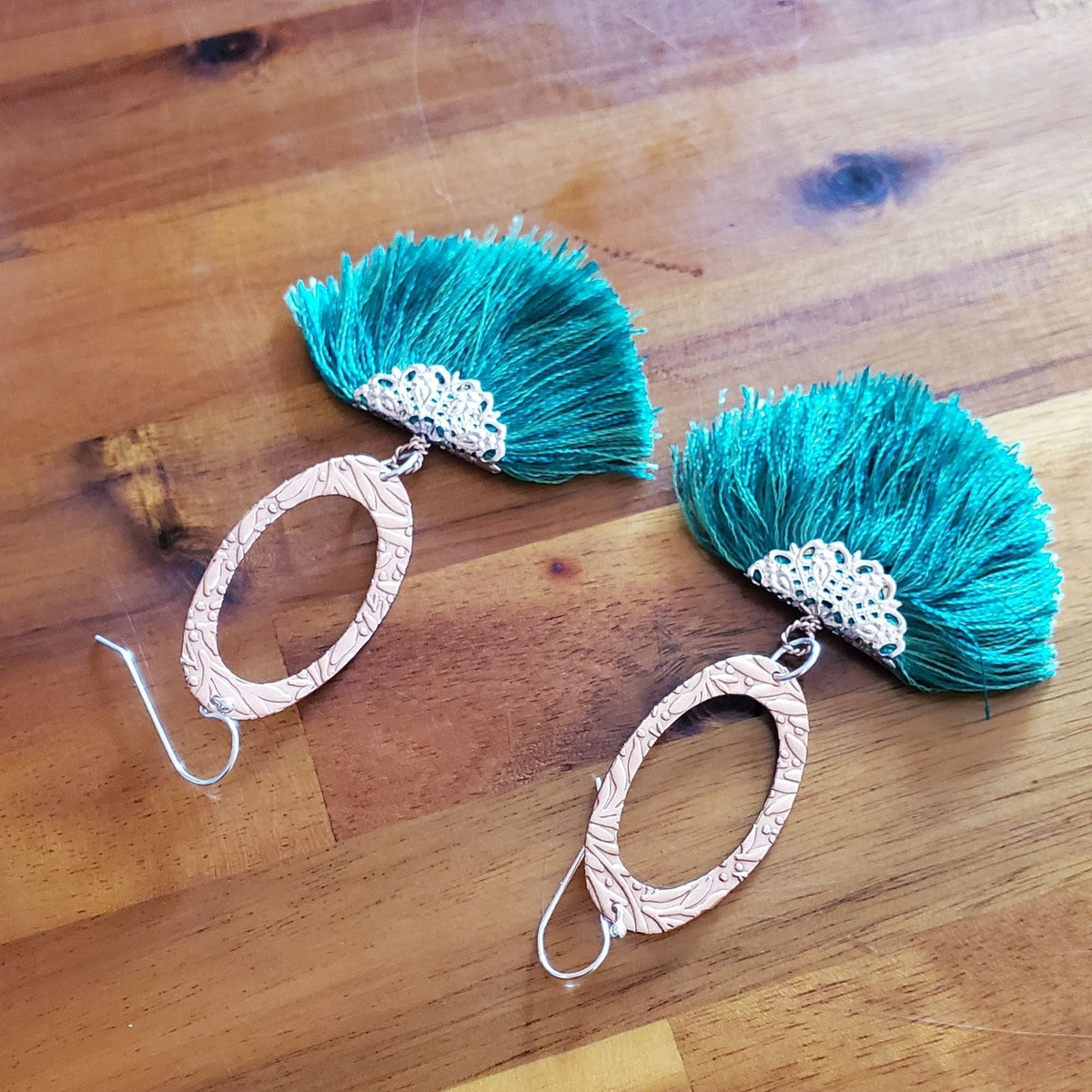 Alexa Martha Designs Earrings Copper Embossed Rose Gold Filled  Filigree Silk Fan Tassel Earrings