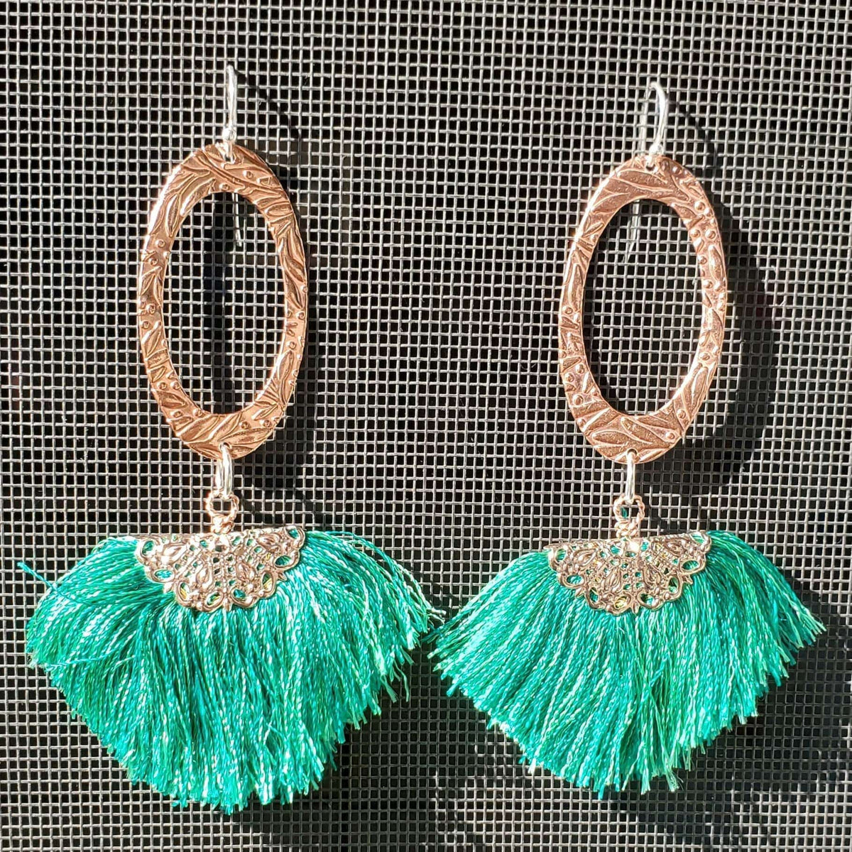 Alexa Martha Designs Earrings Copper Embossed Rose Gold Filled  Filigree Silk Fan Tassel Earrings