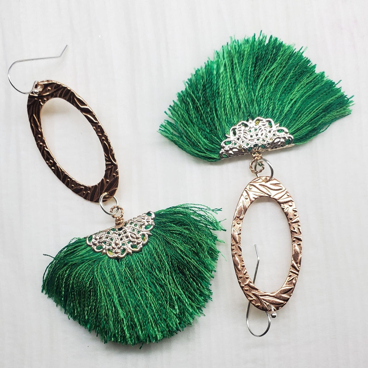 Alexa Martha Designs Earrings Copper Embossed Rose Gold Filled  Filigree Silk Fan Tassel Earrings