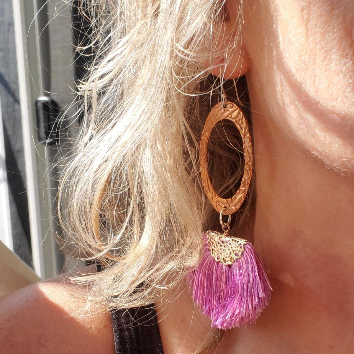 Alexa Martha Designs Earrings Copper Embossed Rose Gold Filled  Filigree Silk Fan Tassel Earrings