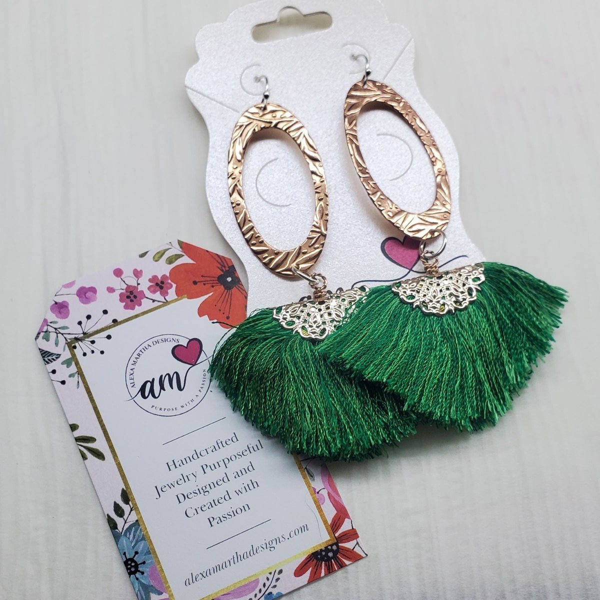 Alexa Martha Designs Earrings Copper Embossed Rose Gold Filled  Filigree Silk Fan Tassel Earrings