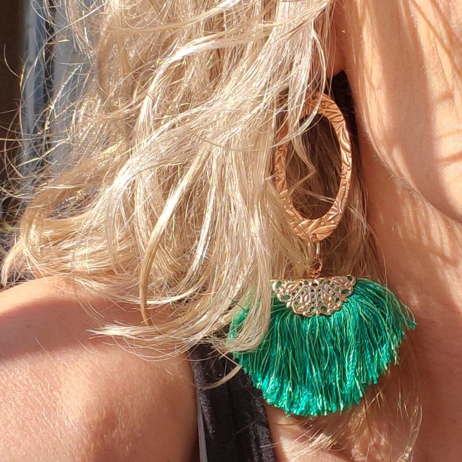 Alexa Martha Designs Earrings Copper Embossed Rose Gold Filled  Filigree Silk Fan Tassel Earrings