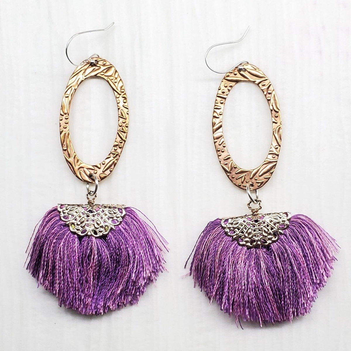 Alexa Martha Designs Earrings Copper Embossed Rose Gold Filled  Filigree Silk Fan Tassel Earrings