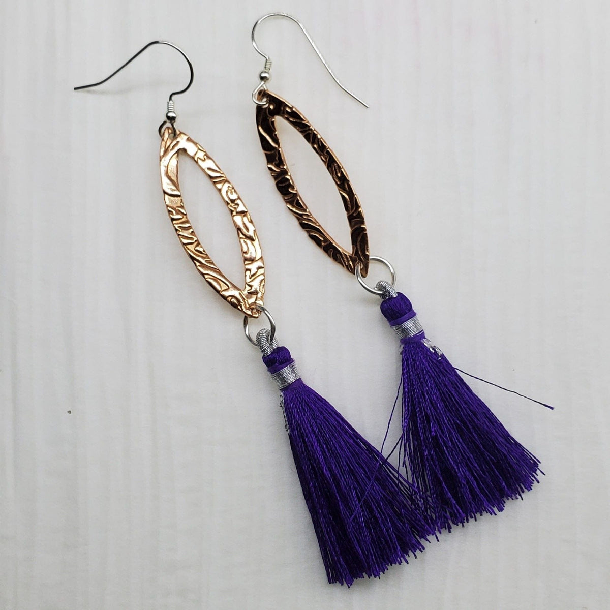 Alexa Martha Designs Earrings Dark Purple Long Copper Embossed Filigree Silk Tassel Earrings