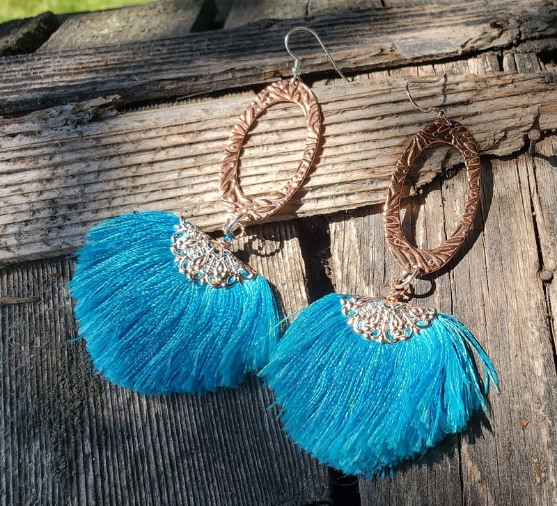 Alexa Martha Designs Earrings Default Title / Aqua Alexa Martha Designs Handmade Aqua Brushed Rayon Silk Fan Tassel Earrings