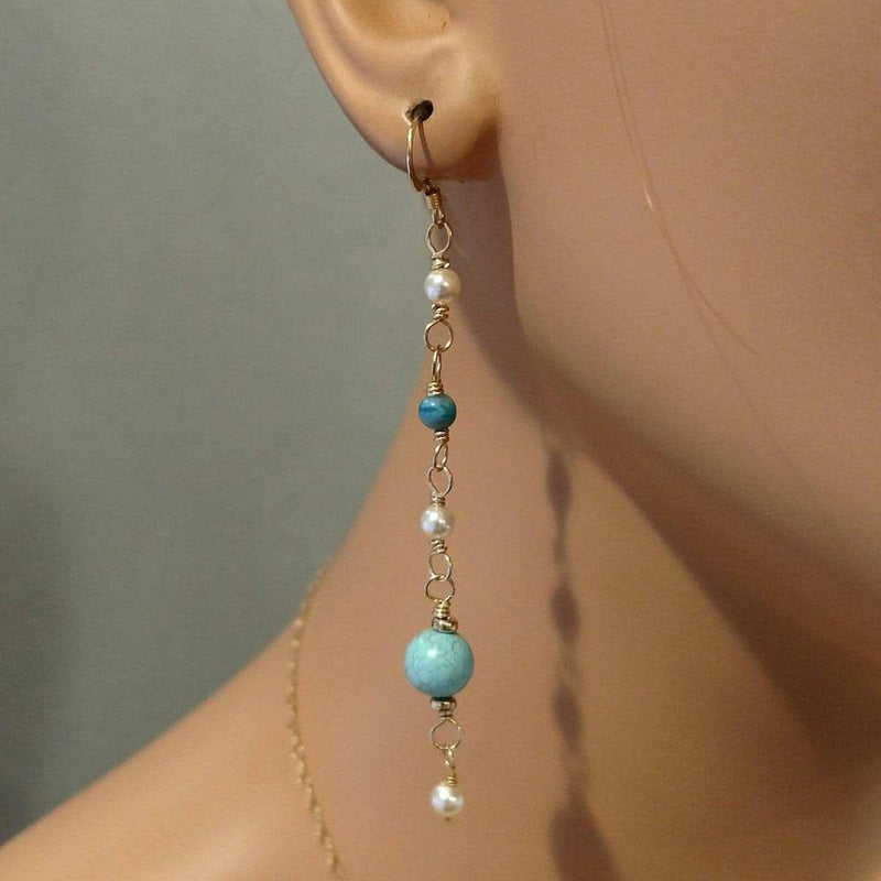 Alexa Martha Designs Earrings Default Title / Color Alexa Martha Designs Long 14 K Gold Filled Turquoise Pearl Earrings