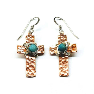 Alexa Martha Designs Earrings Default Title / Copper/Turquoise Alexa Martha Designs Hammered Copper Cross Earrings with Turquoise Beads