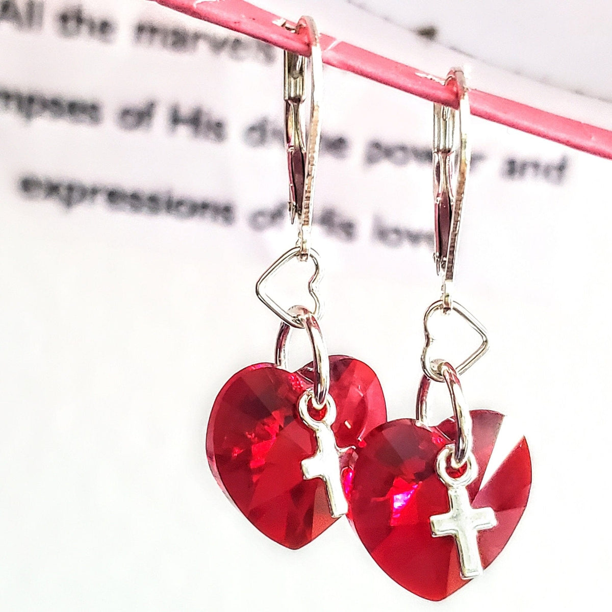 Alexa Martha Designs Earrings Earrings With Cross Charm Sterling Silver Red Heart Crystal I Love You Jesus Earrings
