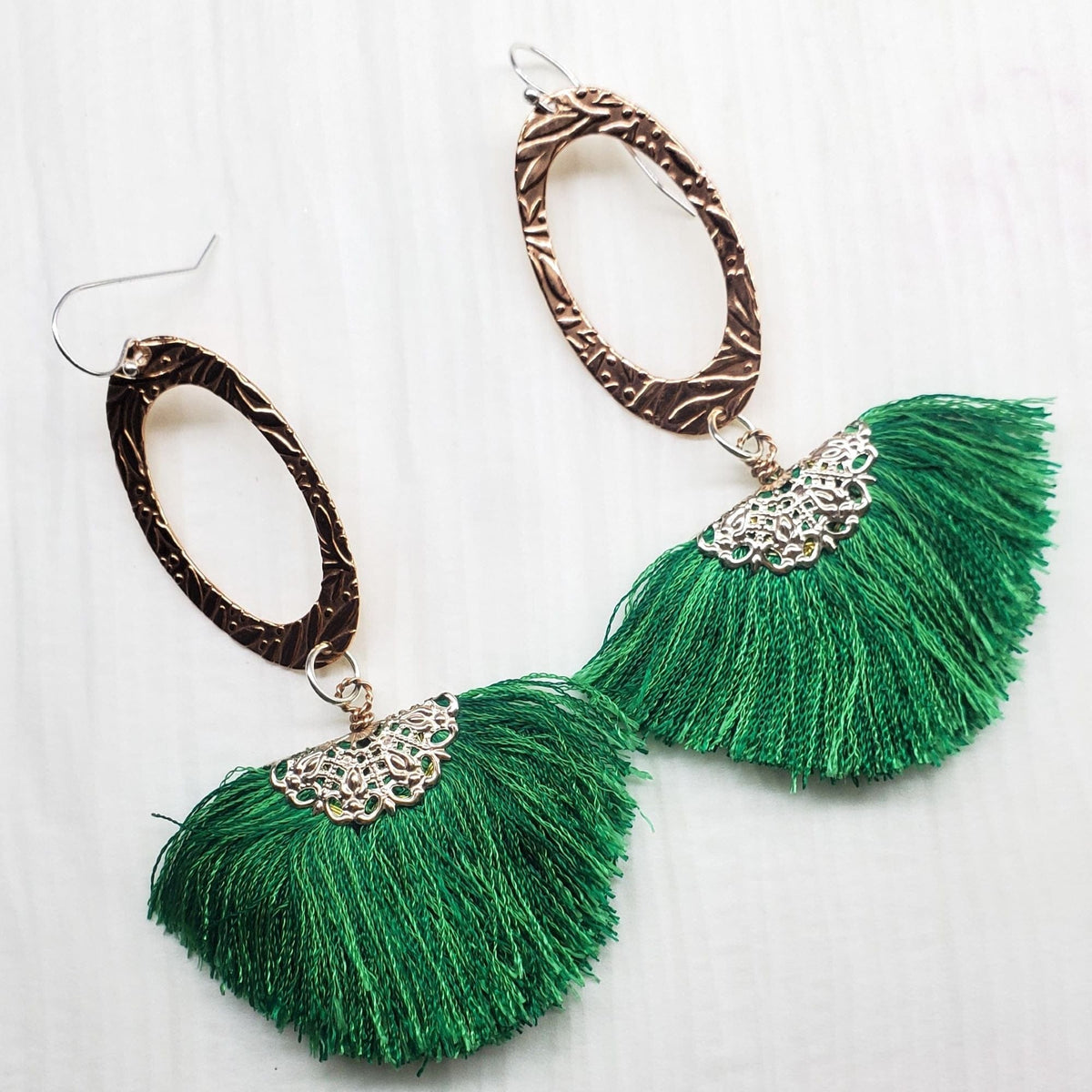 Alexa Martha Designs Earrings Green Copper Embossed Rose Gold Filled  Filigree Silk Fan Tassel Earrings