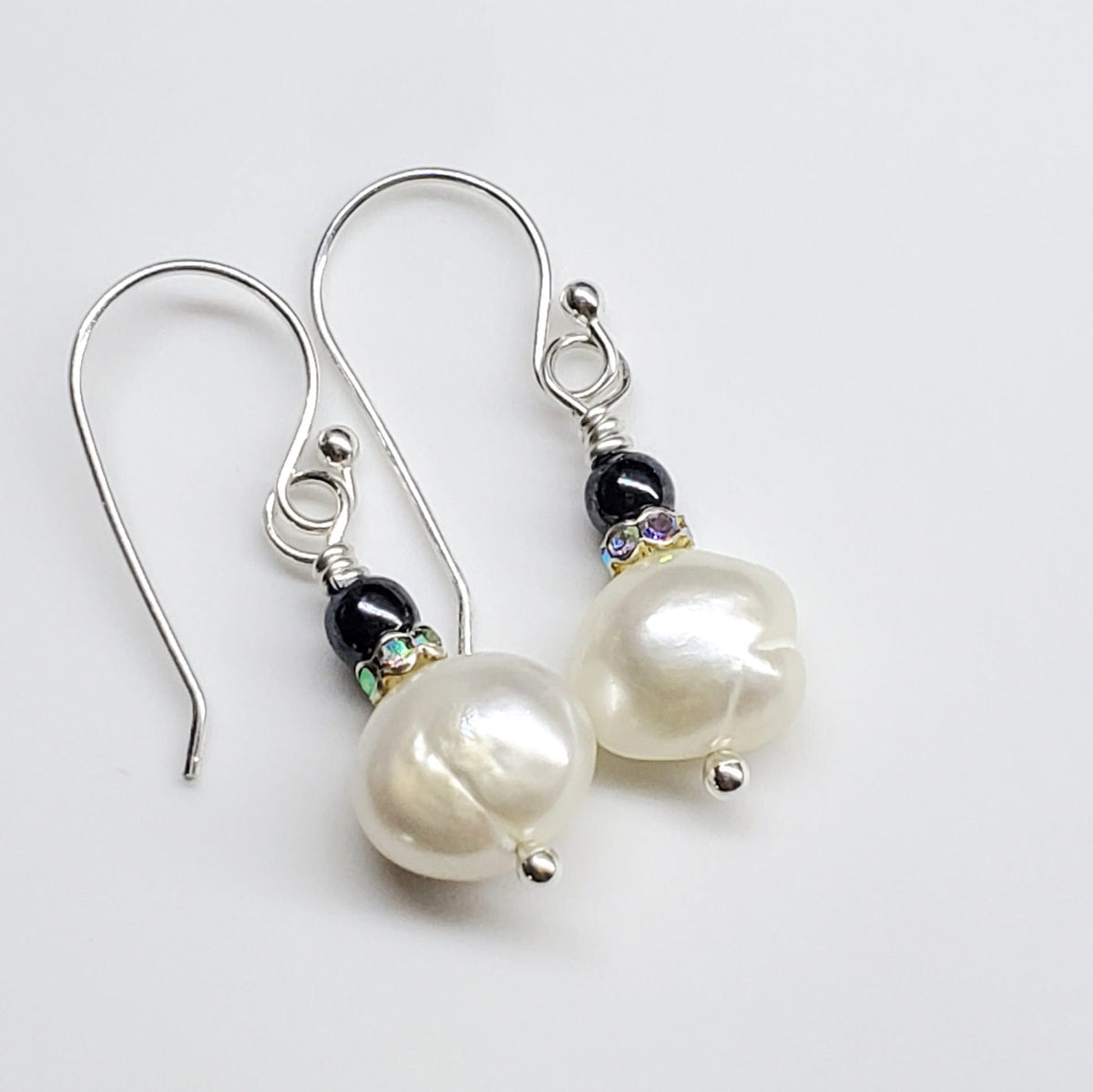 Alexa Martha Designs Earrings Hematite 10mm Freshwater Baroque Pearl Sterling Silver Crystal Dangle Earrings