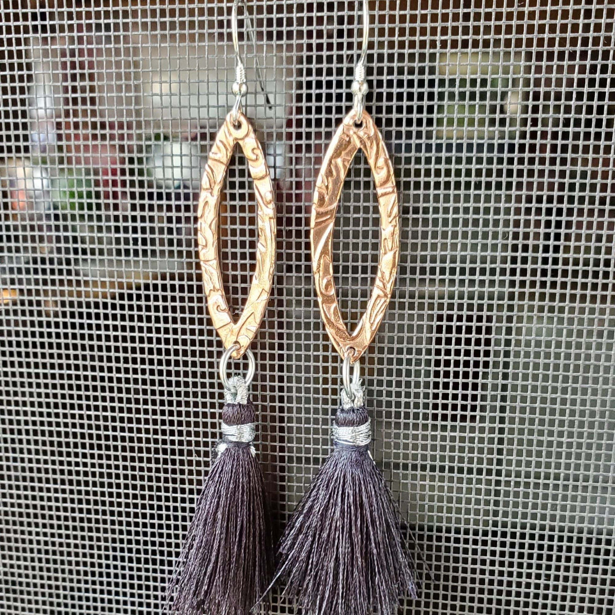 Alexa Martha Designs Earrings Long Copper Embossed Filigree Silk Tassel Earrings