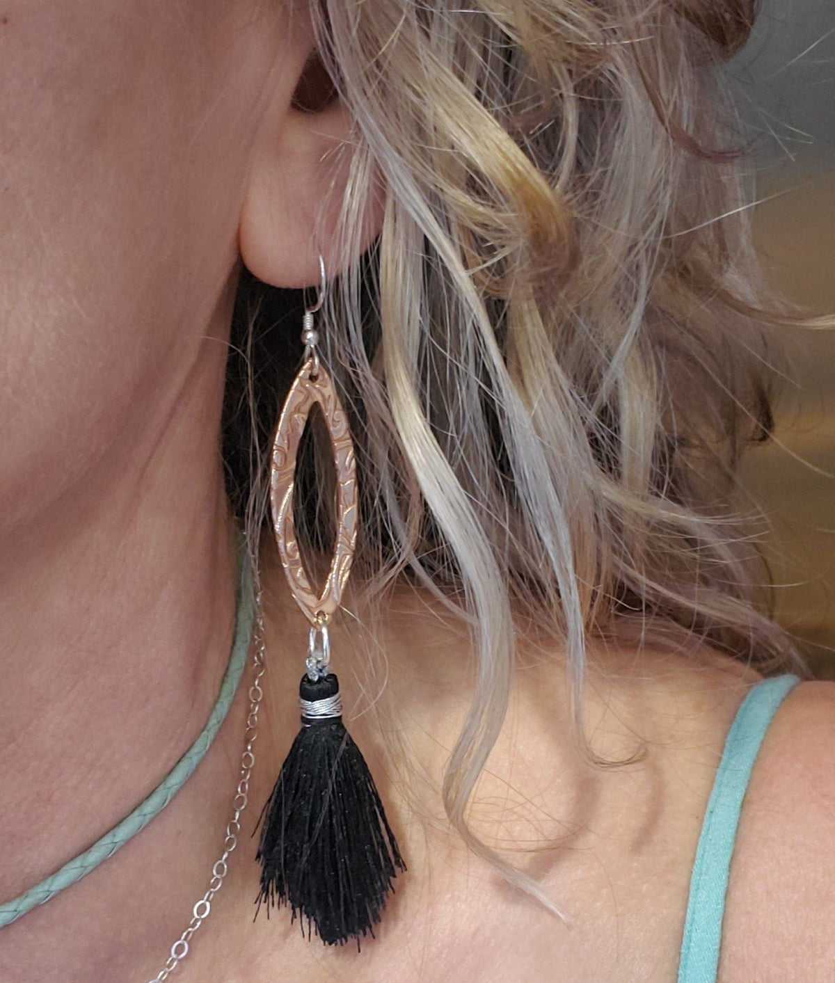 Alexa Martha Designs Earrings Long Copper Embossed Filigree Silk Tassel Earrings