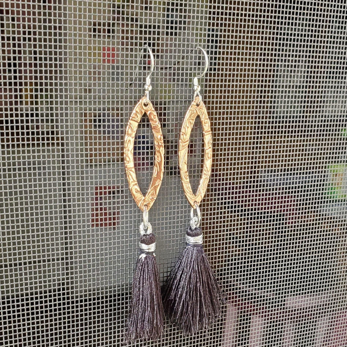 Alexa Martha Designs Earrings Long Copper Embossed Filigree Silk Tassel Earrings