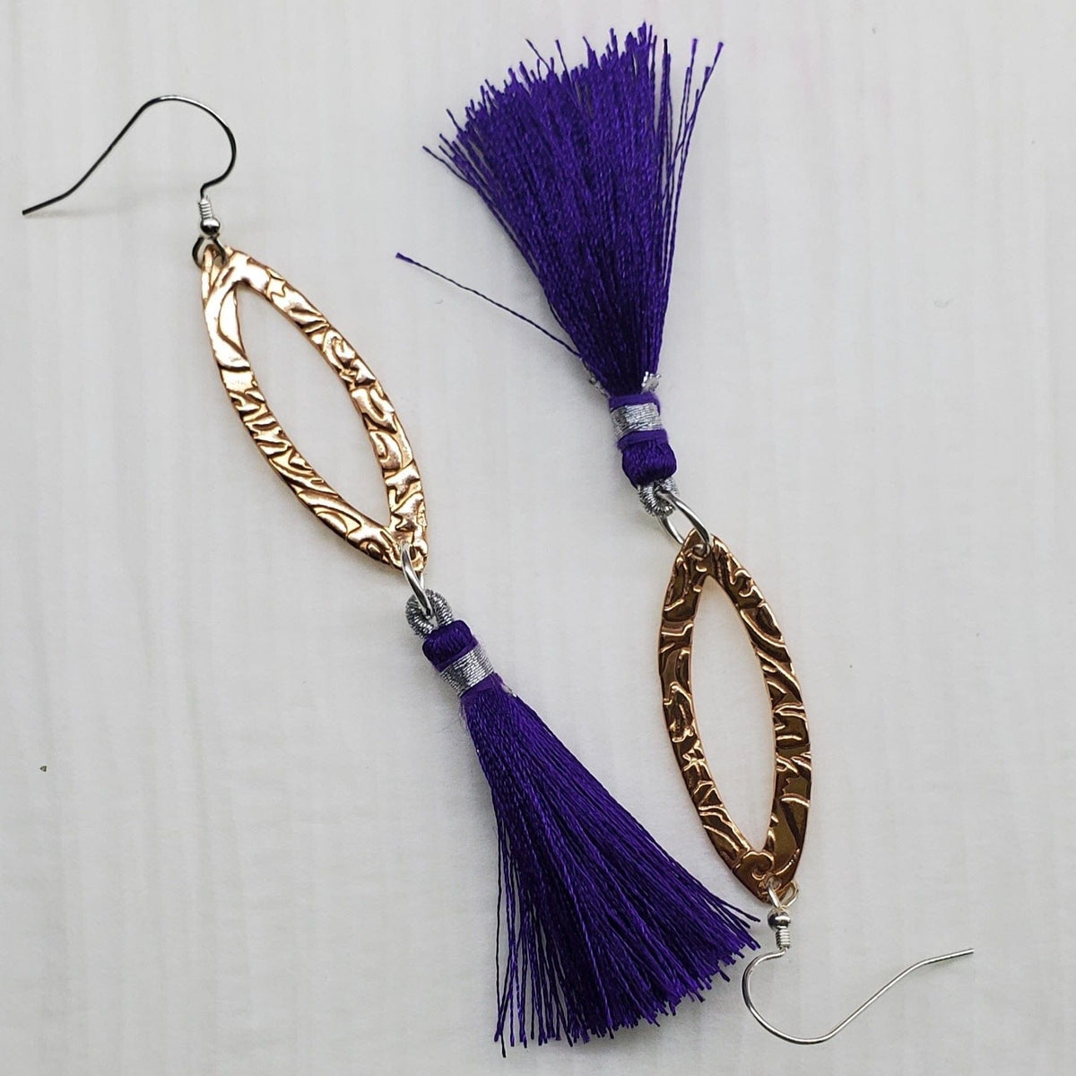 Alexa Martha Designs Earrings Long Copper Embossed Filigree Silk Tassel Earrings