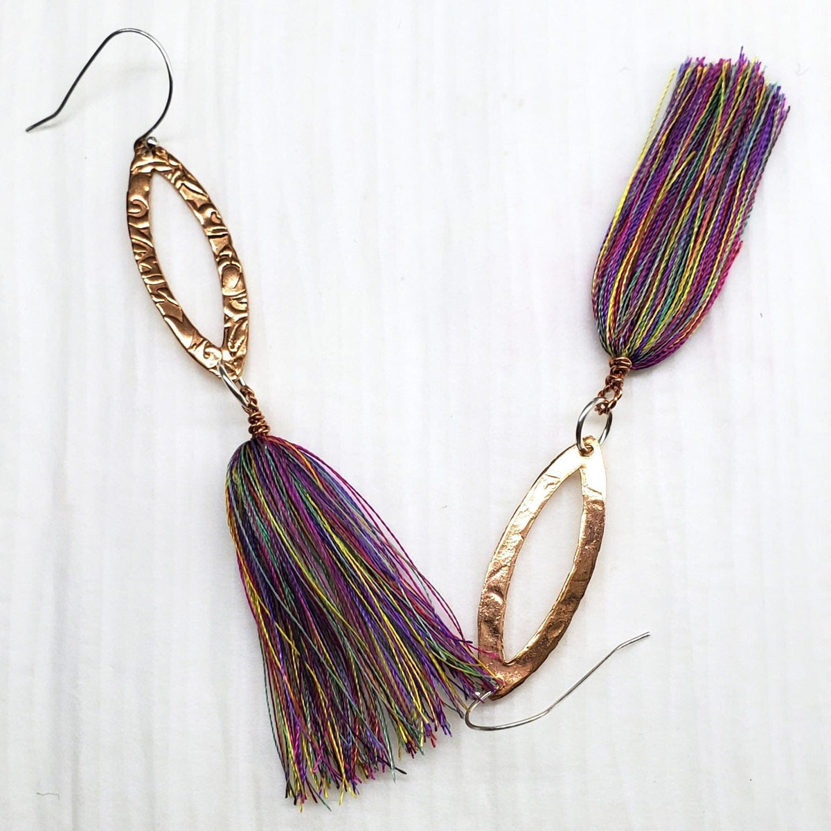 Alexa Martha Designs Earrings Long Copper Embossed Filigree Silk Tassel Earrings