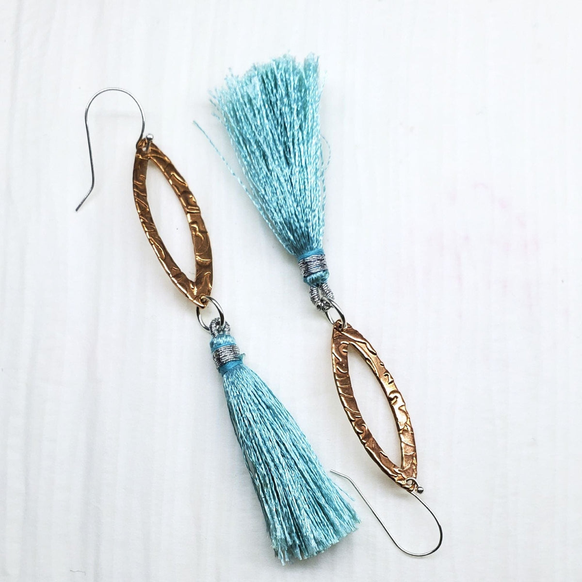 Alexa Martha Designs Earrings Long Copper Embossed Filigree Silk Tassel Earrings