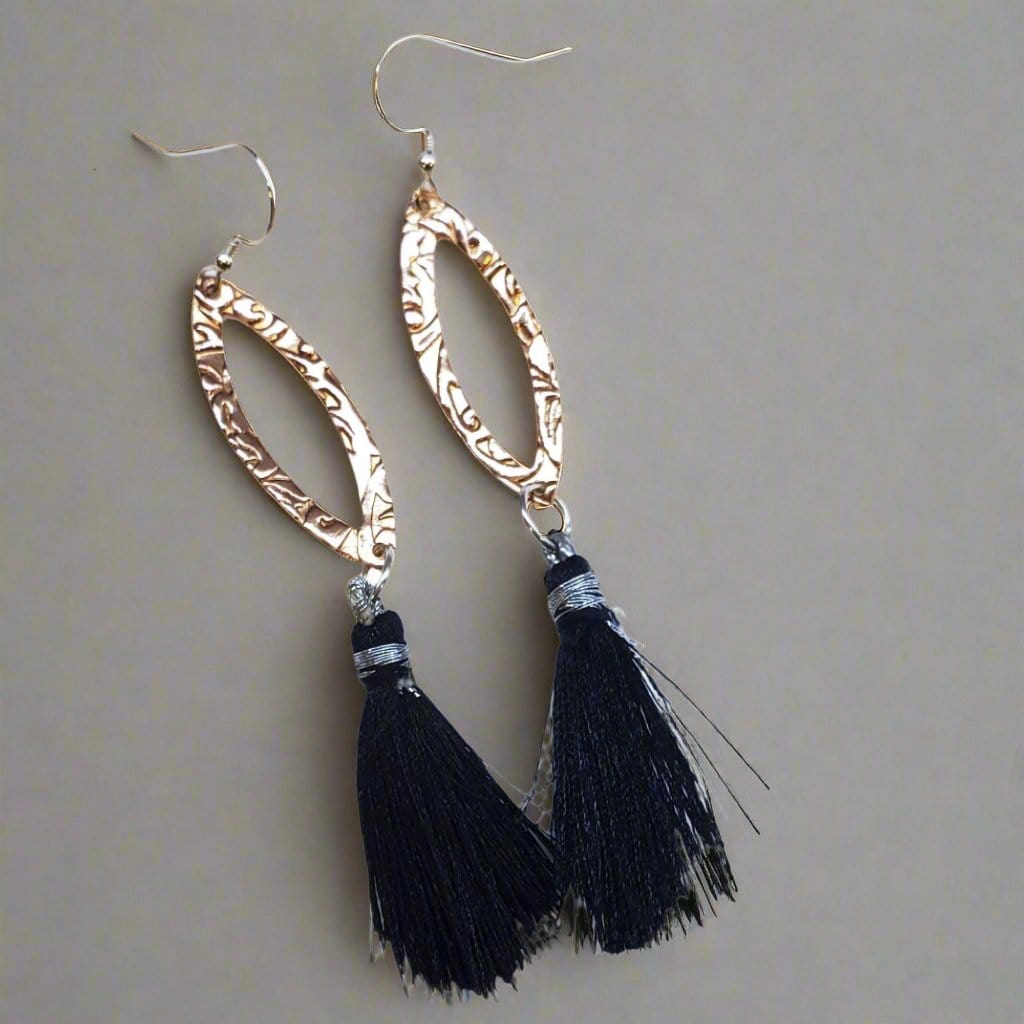 Alexa Martha Designs Earrings Long Copper Embossed Filigree Silk Tassel Earrings